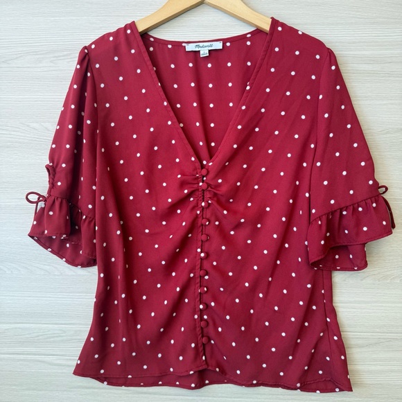 Madewell Tops - Madewell Red Polka Dot Blouse |Button Front Tie Sleeve Size 0